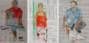 Pinturas "Enjaulado", "Manuela" y "Gallo blanco" de Carmen Jabaloyes.
Acuarela y óleo sobre papel de periódico.