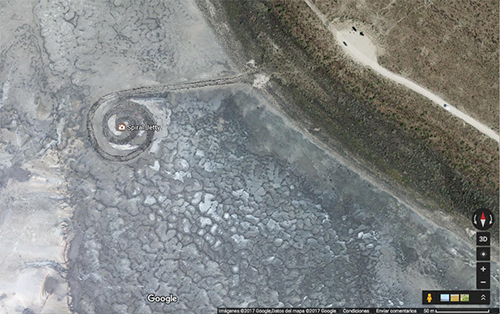 Imagen de la obra "Spiral Jetty" tomada por la aplicación Google Earth 